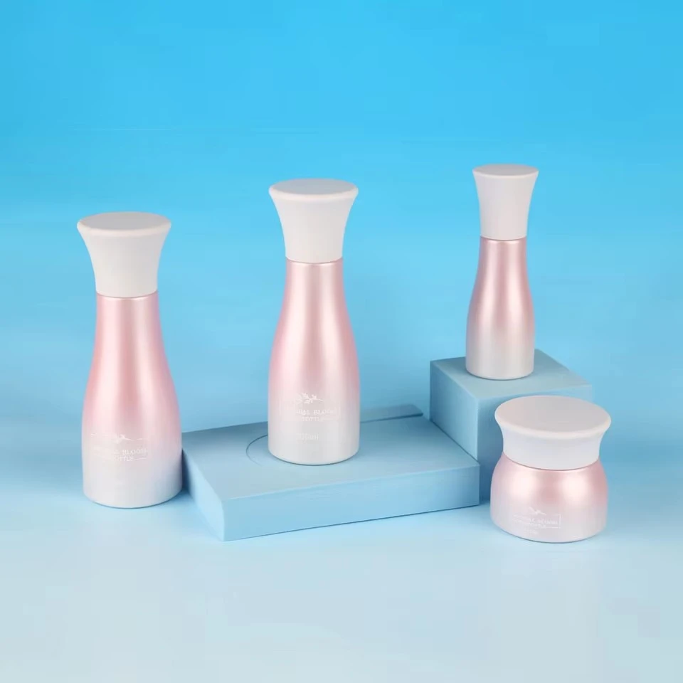 Luxury Pink Gradient Pearlescent Glass Cosmetic Bottle Set 40ml 100ml 120ml Lotion Pump Spray Bottle 50g Eye Cream Jar Wholesale